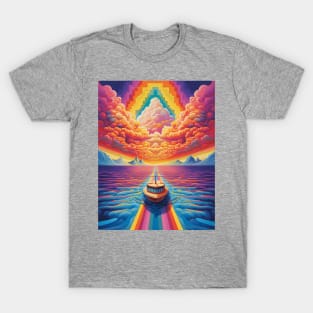 Tug Boat on Ocean under the Rainbow Sky T-Shirt